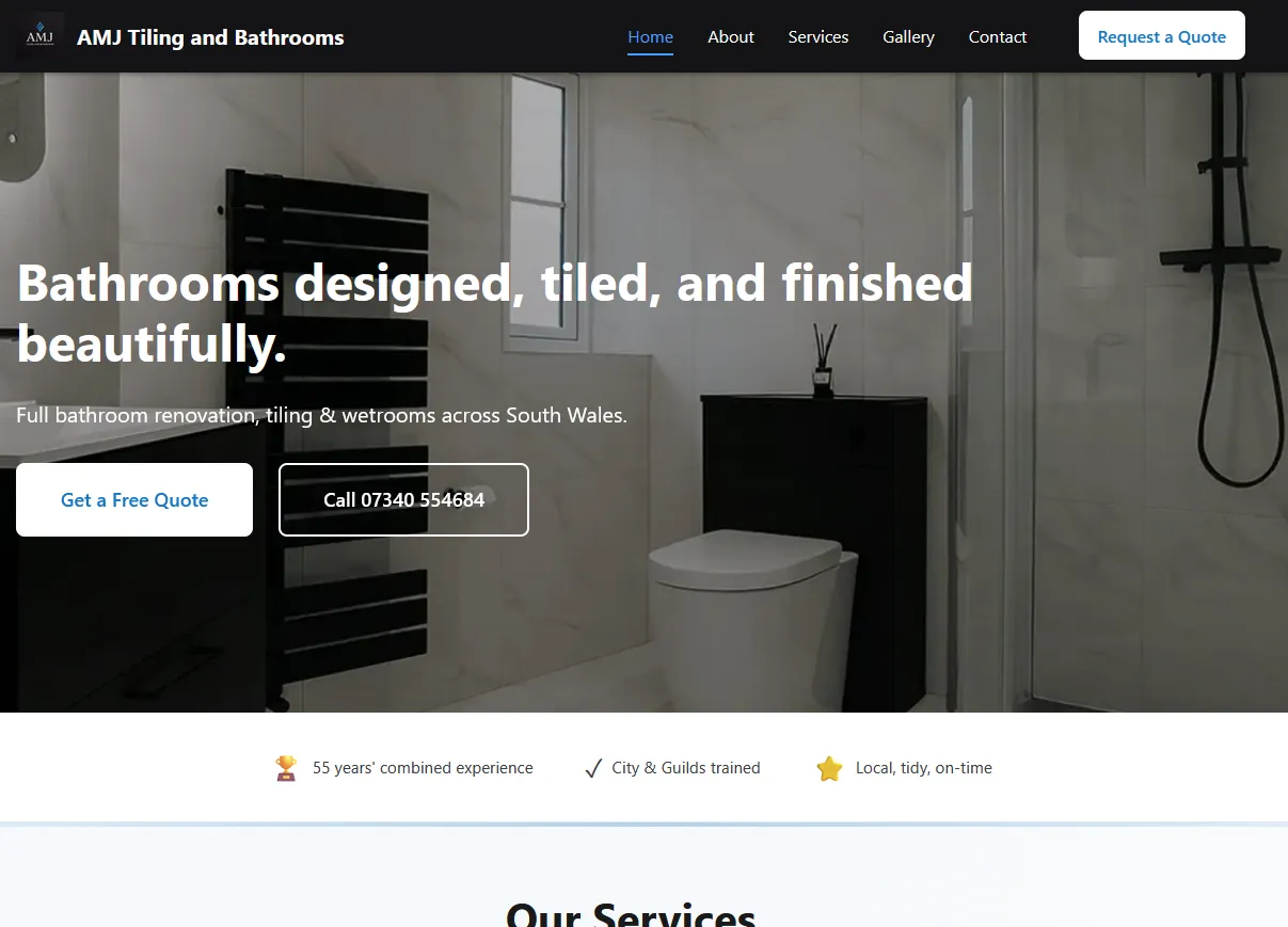 Screenshot: AMJ Tiling and Bathrooms website hero section with clear service offerings