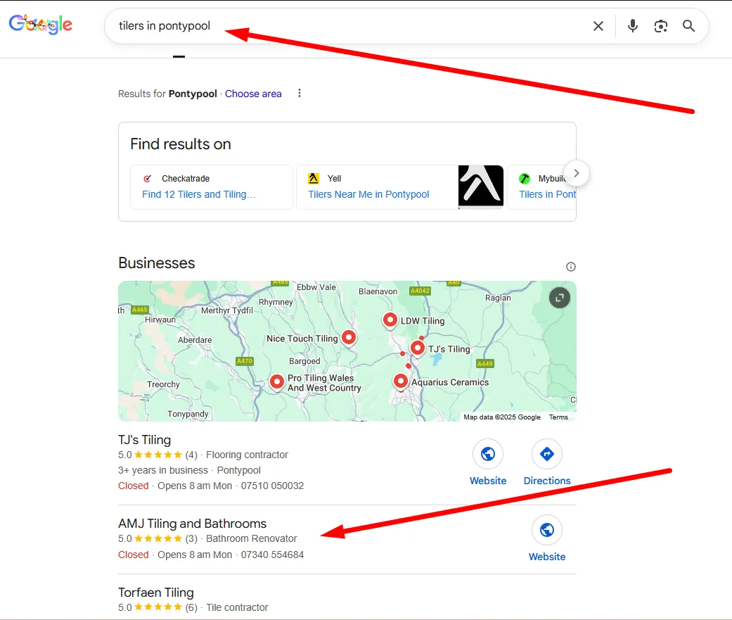 Screenshot: AMJ Tiling & Bathrooms appearing in Google Maps Pack for 'tilers in Pontypool'