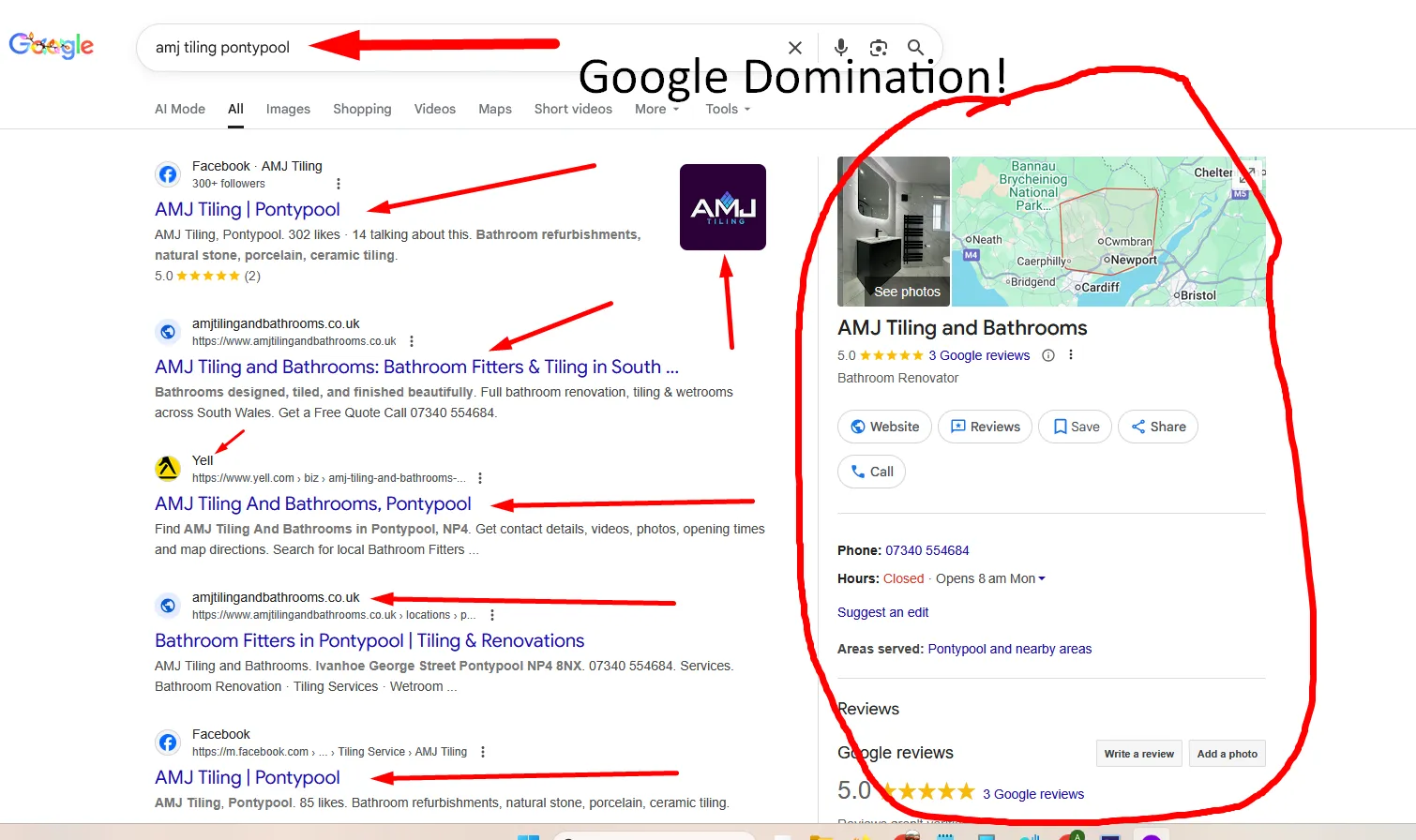 Screenshot: Branded search results showing AMJ website, Facebook, Yell listing, and Google knowledge panel
