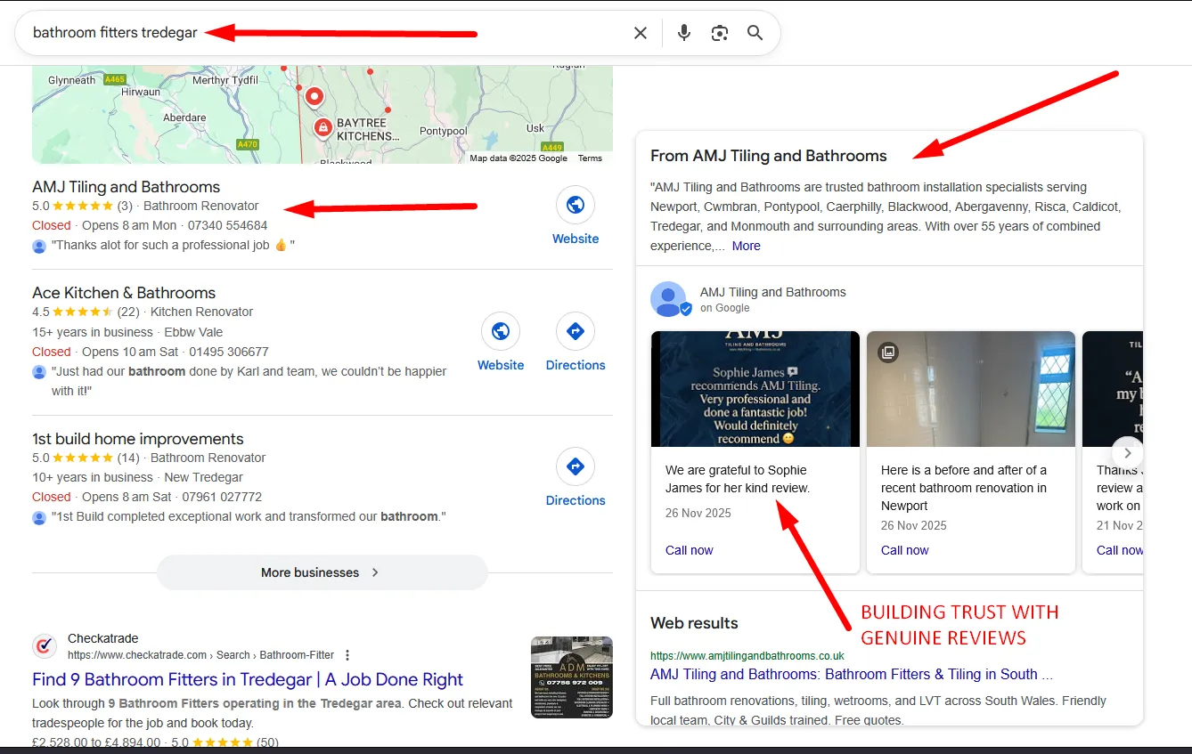 Screenshot: AMJ Google Business Profile with review posts and customer testimonials